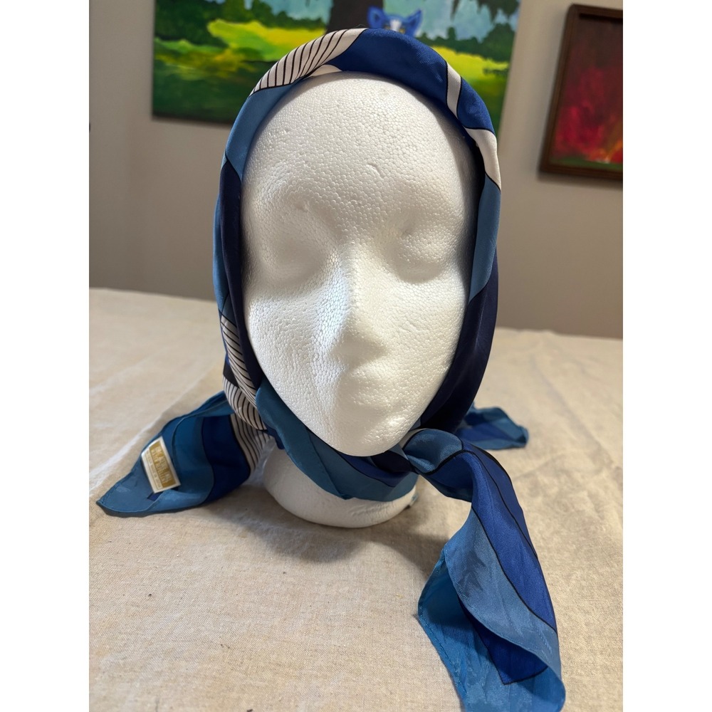 Womens Vintage Water Repellant Scarf OS Blue Geometric Block Print Made in Japan - Picture 4 of 5
